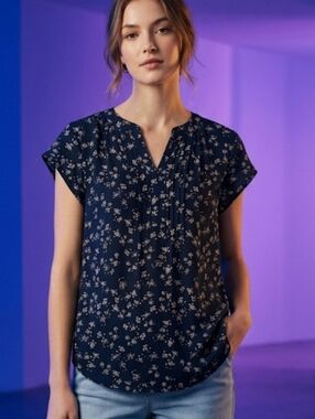 NWT Stitchfix/41 Hawthorn Dark Navy Floral Cap-Sleeve Split-Neck Blouse